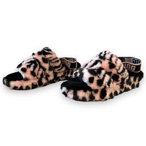 UGG Pink and Black Leopard Fuzz Slide Sandals with Branded Heel Strap